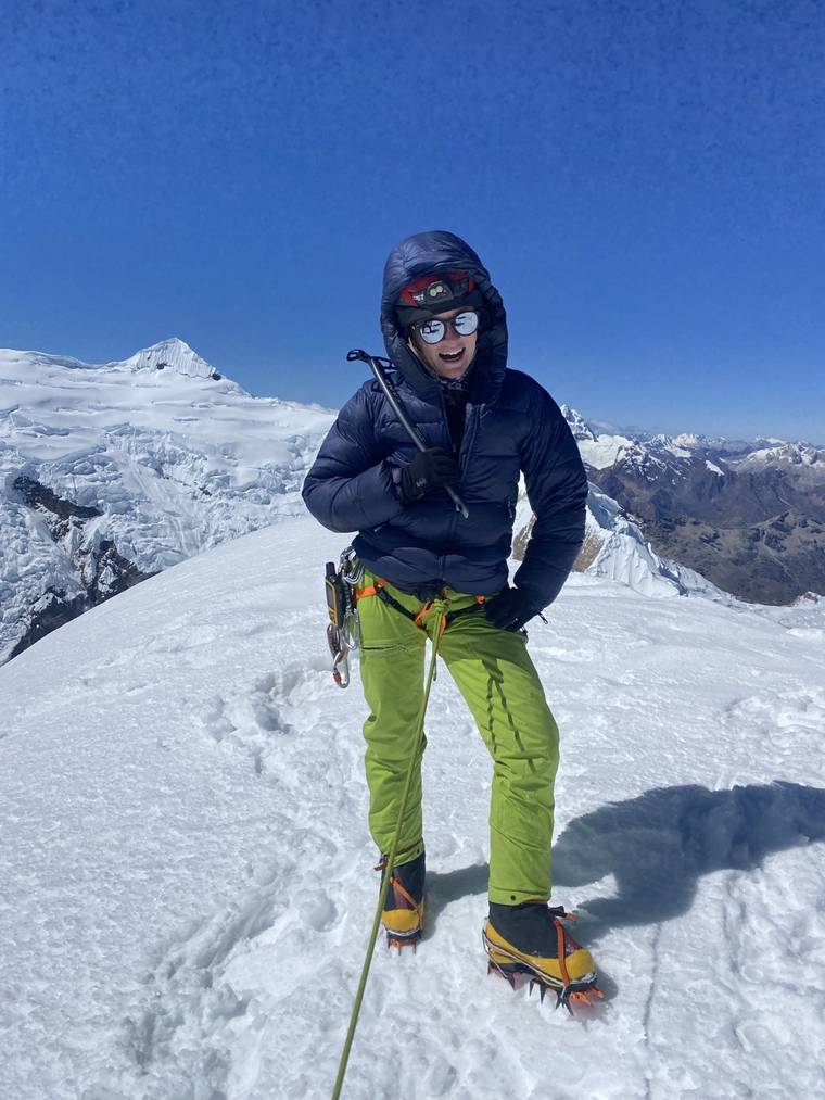 Shea McCrary on a summit in full alpine kit, Cordillera Blanca, Peru